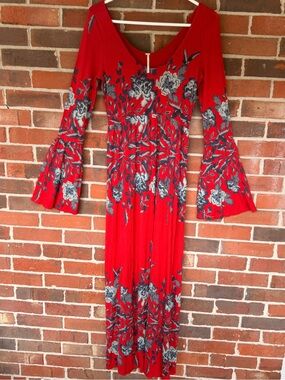 Free People Red Maxi Dress with Navy and Gray Floral Print